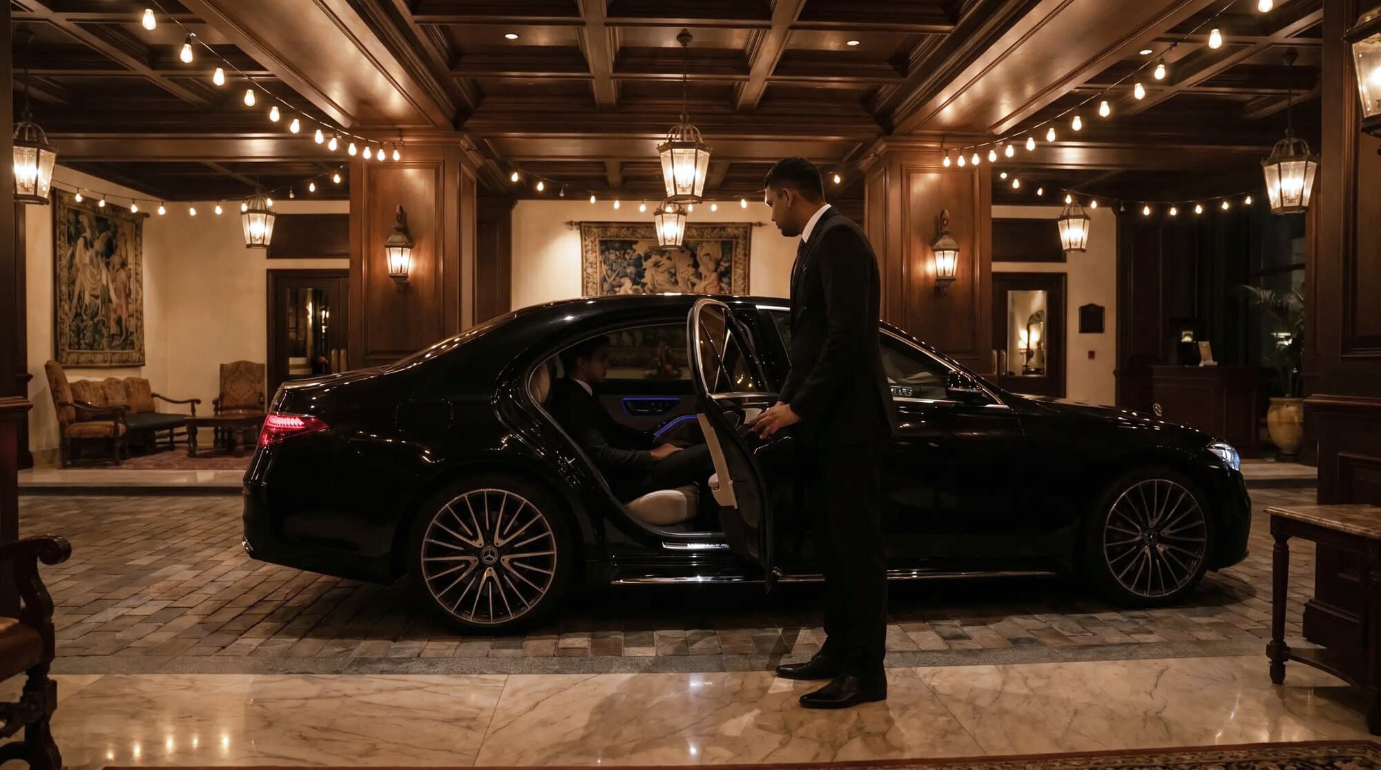 A chauffeur holds the rear door of a black sedan for a passenger in a hotel lobby
